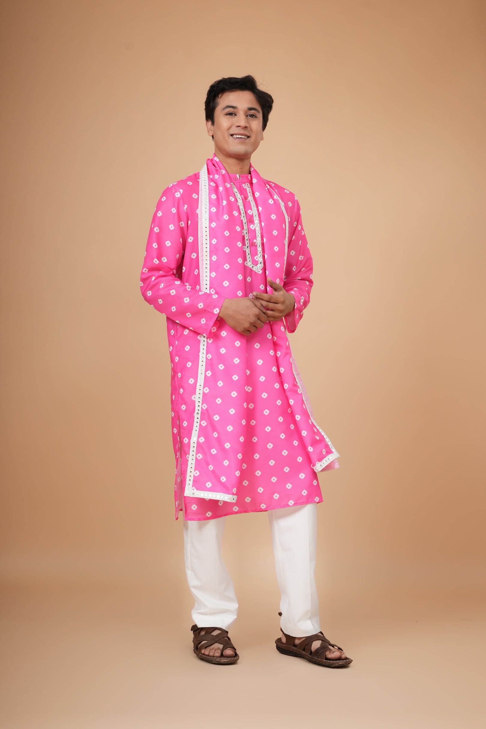 Gulabi Bandhej Kurta Set