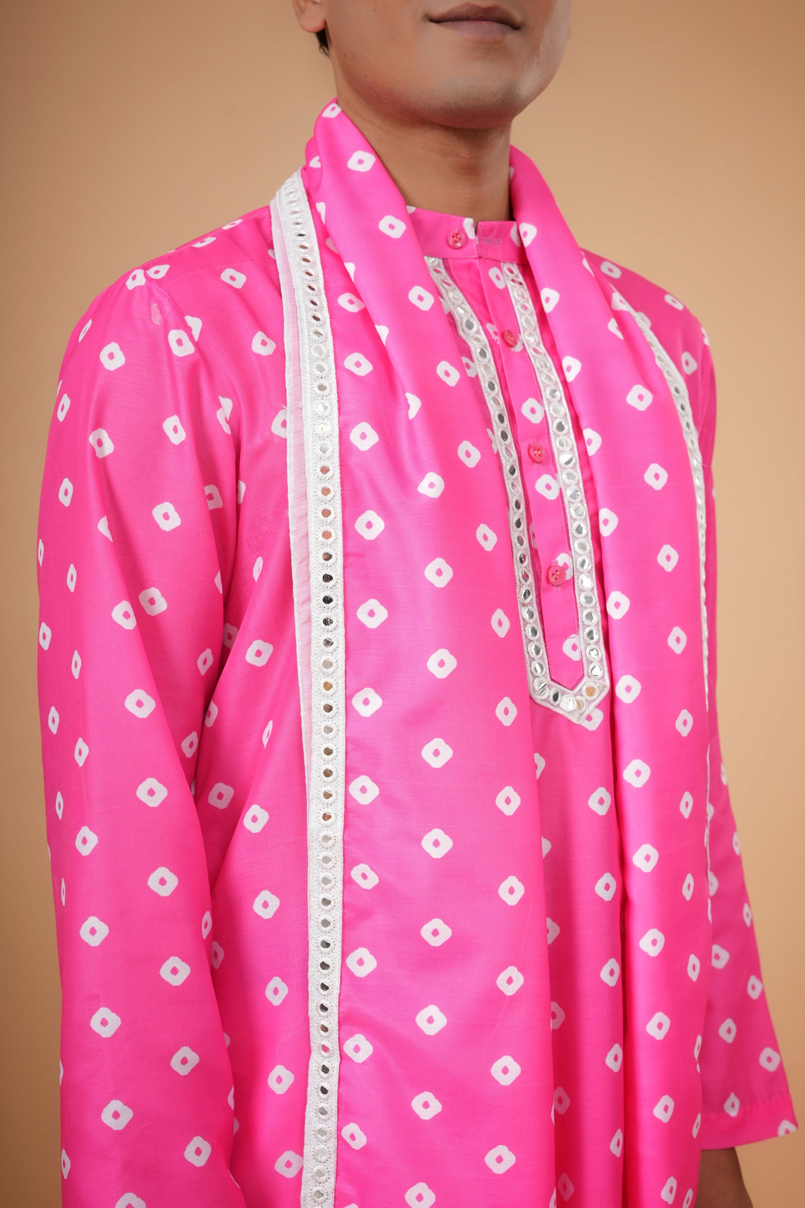 Gulabi Bandhej Kurta Set