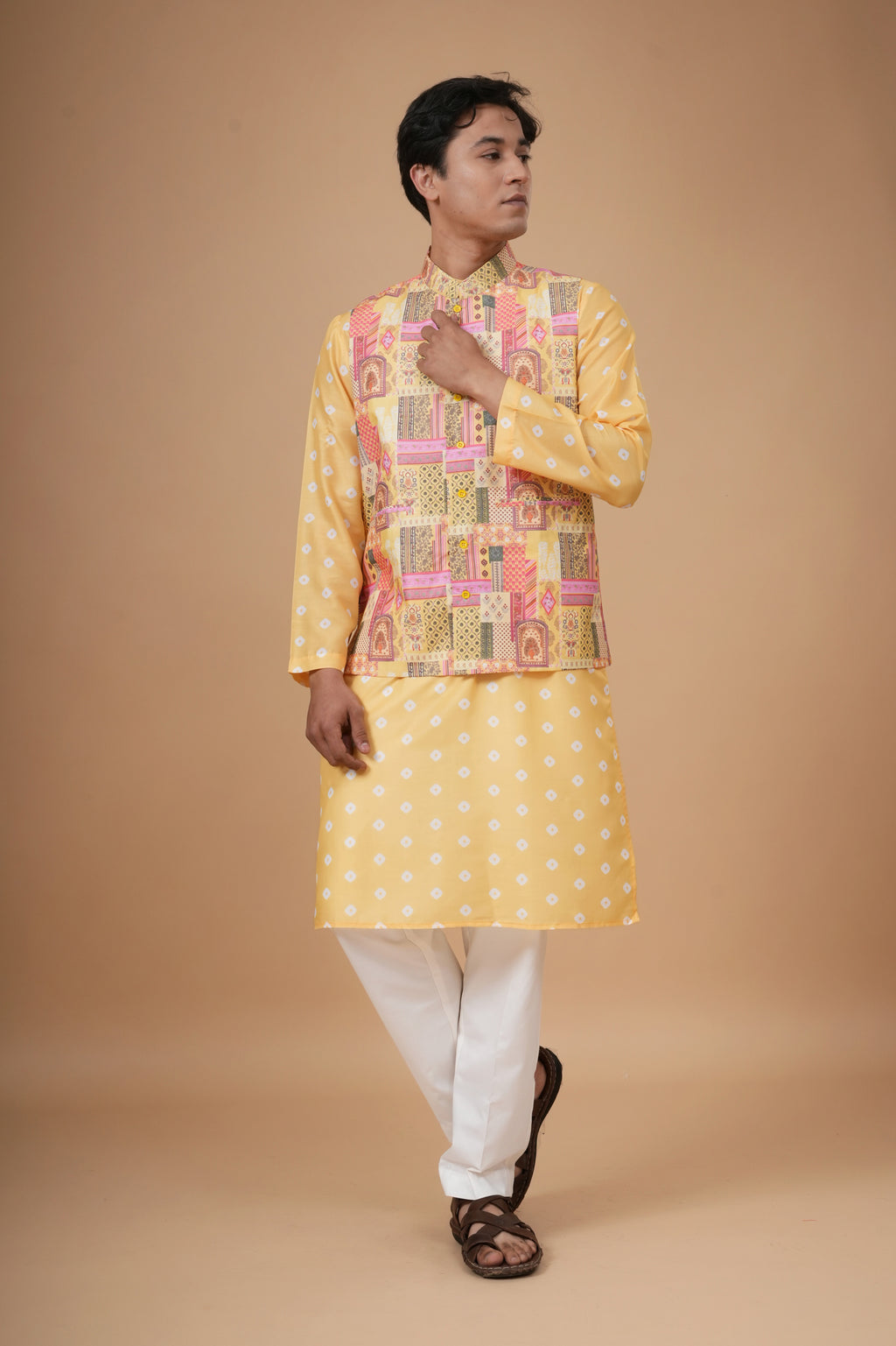 Swarn Bandhej Jacket and Kurta Set