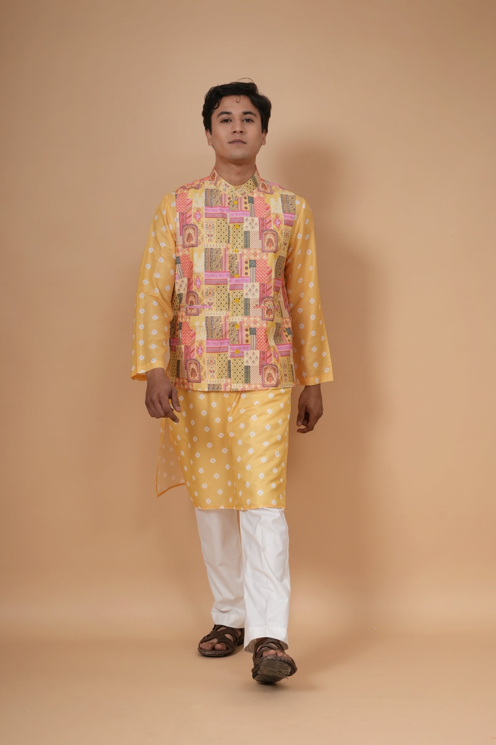 Swarn Bandhej Jacket and Kurta Set