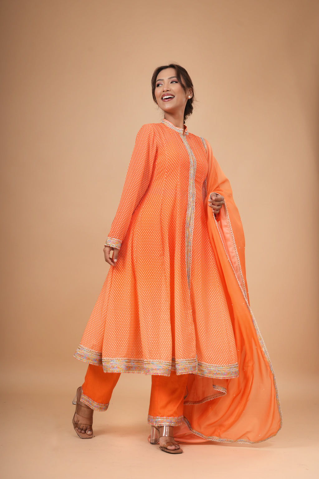 Kesari Bandhej Anarkali Set